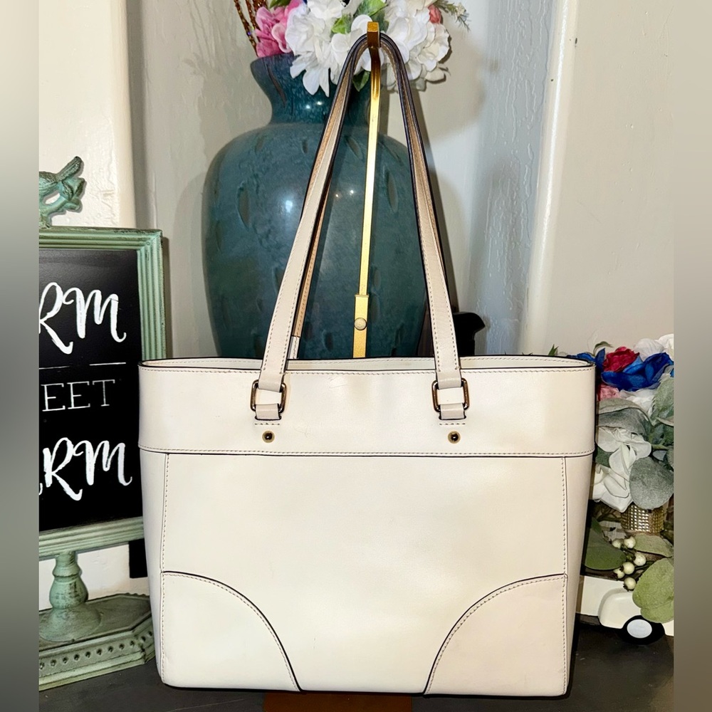 Dooney and Bourke Leather Bone Tote Bag, Gold hardware & blue  accent scarf - Picture 2 of 16
